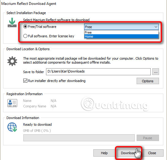 Chọn bản free hoặc home