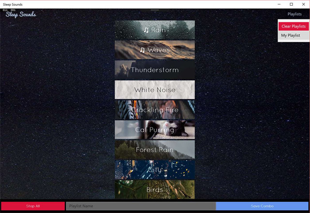 Danh sách list nhạc trên Sleep Sounds