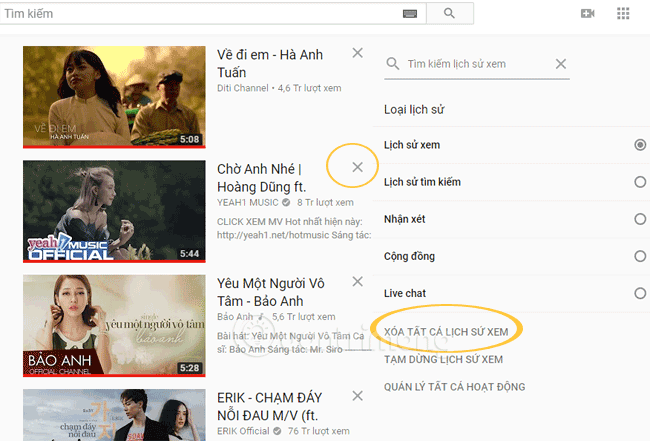 Chọn video cần xóa hoặc xóa tất cả lịch sử YouTube