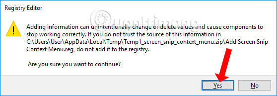 Đồng ý chạy file resgitry
