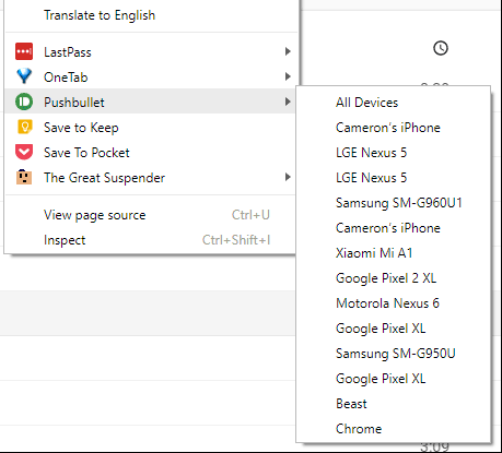 Nhấp chuột phải vào trang web và chọn thiết bị muốn gửi trang web