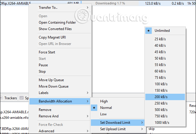 Chỉnh tốc độ tải file