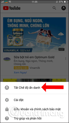 Tắt chế độ ẩn danh YouTube