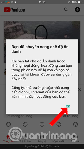 Thông báo chế độ ẩn danh