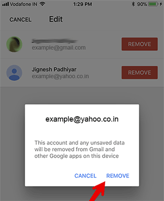 Click Remove to remove the account from the device