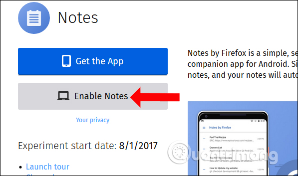 Kích hoạt Firefox Notes