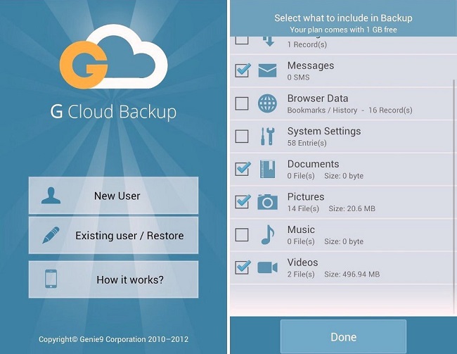 Giao diện G Cloud trên Android