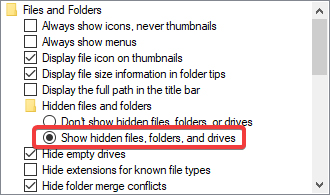 Chọn Show hidden files, folders, and drives