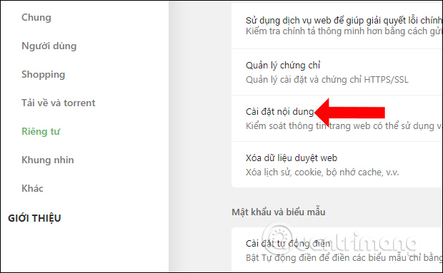 Cài đặt nội dung