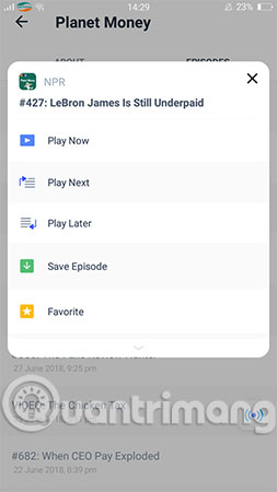Một số chức năng khi vuốt trên mỗi tập podcast