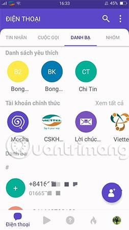 Chọn vào biểu tượng Cuộc gọi vào mục Danh bạ