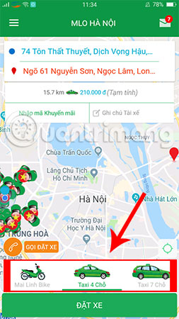 Chọn xe taxi 4 chỗ, 7 chỗ