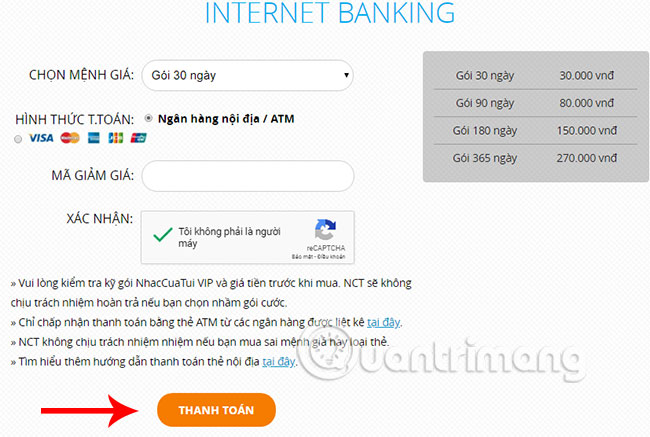 Giao diện Internet Banking