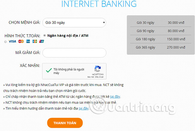 Thanh toán qua thẻ ATM, Visa/Master Card hoặc Internet Banking