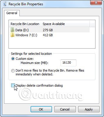 Bỏ chọn tùy chọn Display delete confirmation dialog