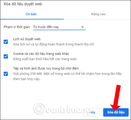 Xóa cookies và cache trên Chrome