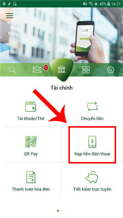 Hướng dẫn nạp tiền điện thoại bằng thẻ Vietcombank