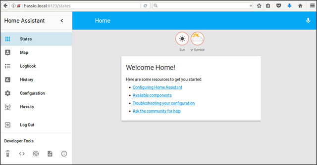 Màn hình Home sau khi cài đặt thành công hass.io lên Raspberry 3