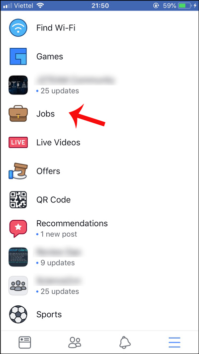 Mục Jobs trong menu chính của Facebook