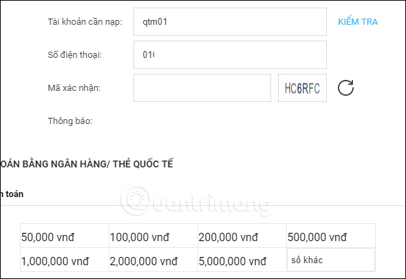 Thanh toán qua thẻ ngân hàng