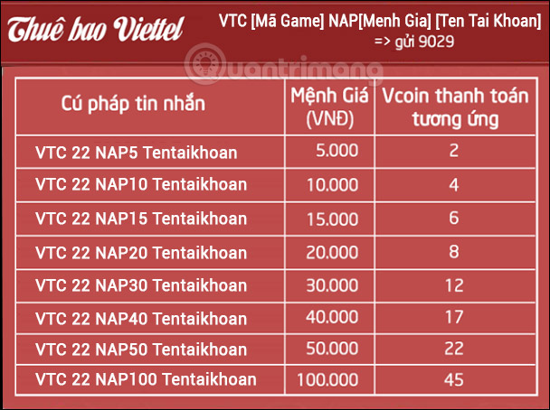 Nạp thẻ qua tin nhắn 9029 Viettel