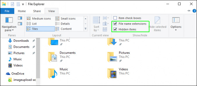 Chọn tùy chọn File name extensions và Hidden items