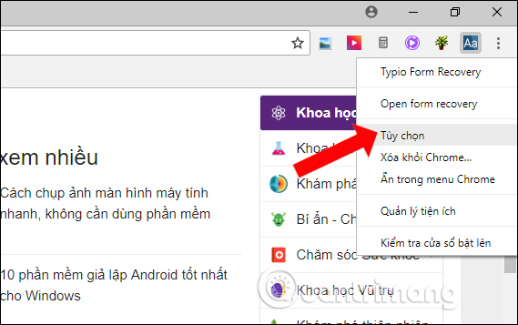 Tùy chọn trên tiện ích