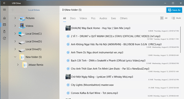 Mục bạn lựa chọn kèm theo các dữ liệu bên trong sẽ hiển thị ngay trong giao diện USB Flash Drive