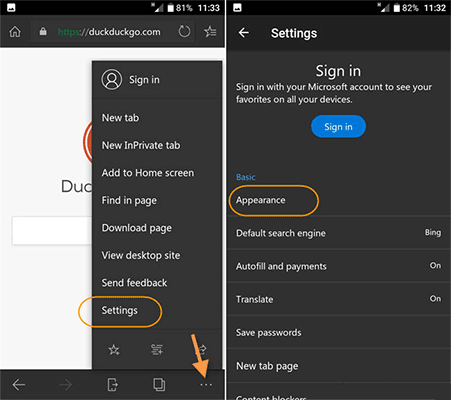 Mở cài đặt trình duyệt Edge trên Android