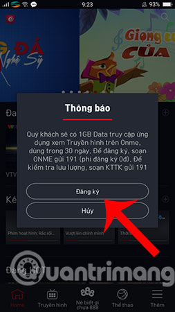Thông báo miễn phí 1Gb data khi sử dụng Onme