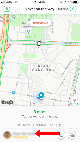 Nhấn tên tài xế để hủy 