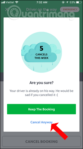 Đồng ý hủy chuyến xe