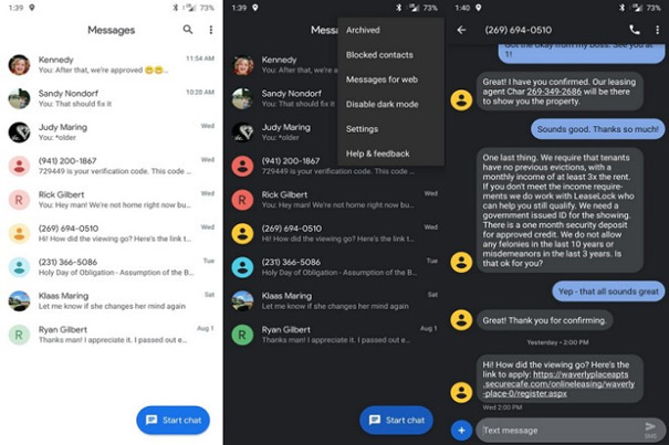 Tính năng Dark Mode (giao diện tối) trên Android Messages 