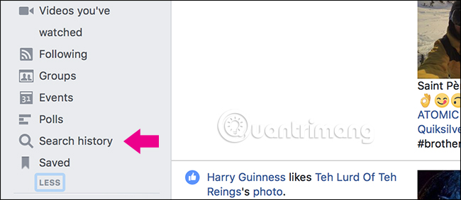 Click vào Search History trong giao diện web Facebook