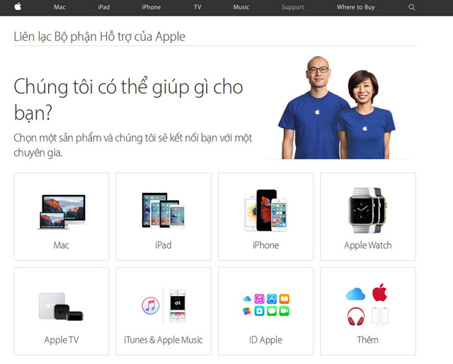 Giao diện tiếng Việt trên website hỗ trợ khách hàng của Apple