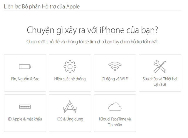 Chọn loại sản phẩm muốn được hỗ trợ