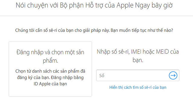 Điền số sêri, IMEI hoặc MEID 