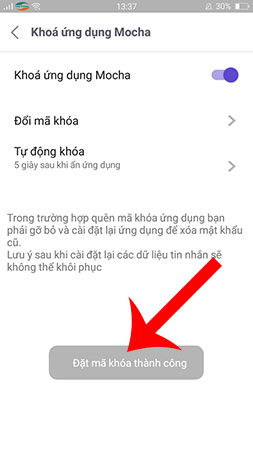 Thông báo đặt mã khóa thành công