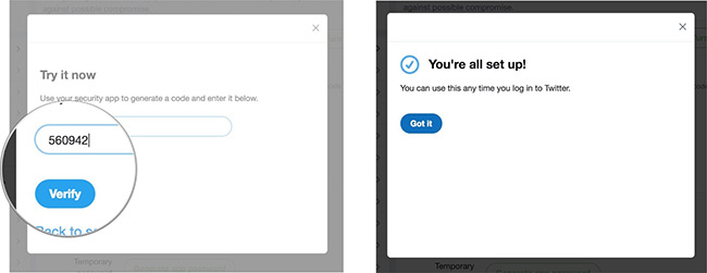 Sử dụng ứng dụng để tạo mã xác minh cho Twitter