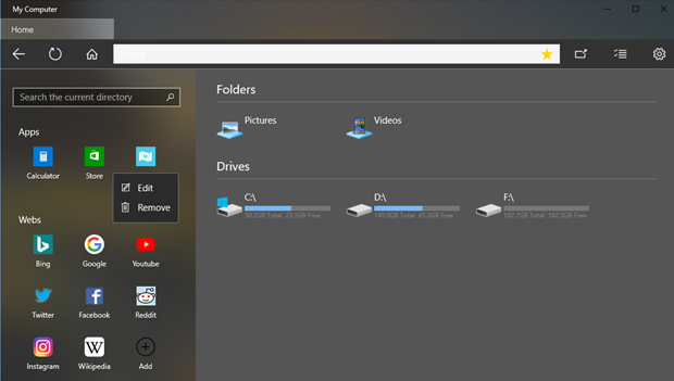 Với các lựa chọn truy cập nhanh vào ứng dụng và web, người dùng chỉ có thể chỉnh sửa (sửa và xóa) khu vực Webs