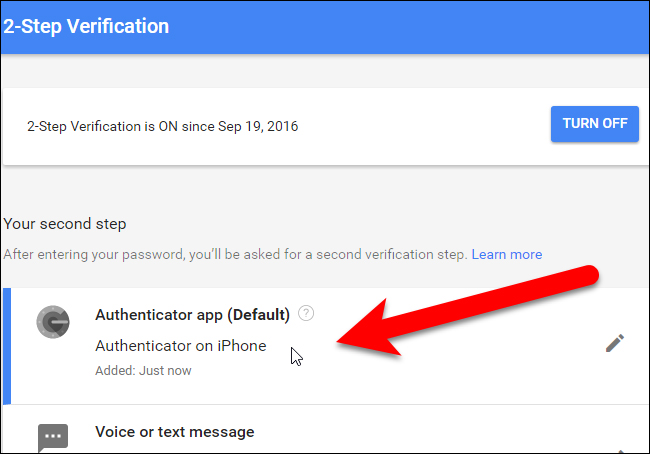 Ứng dụng Authenticator được thêm vào danh sách bước xác minh thứ hai