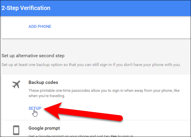 Click Setup trong Backup codes