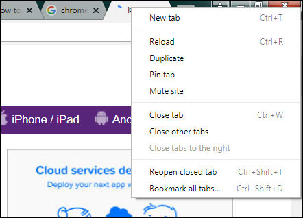 Các lựa chọn thao tác với tab trong danh mục xổ ra khi click chuột phải