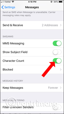Bật bộ đếm ký tự