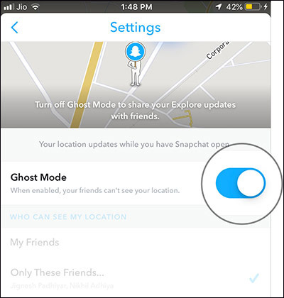 Turn on Ghost Mode in Snapchat