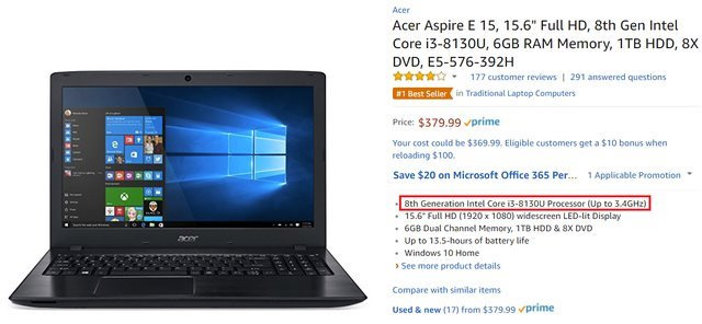 Tên mã hiệu một vi xử lý Intel Core i3 đời thứ 8 phiên bản U