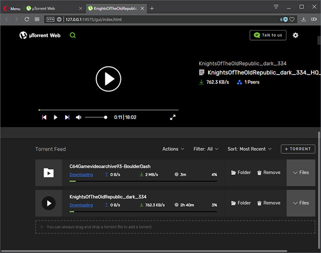 Giao diện uTorrent Web chuyển sang trình xem ngay trên trình duyệt