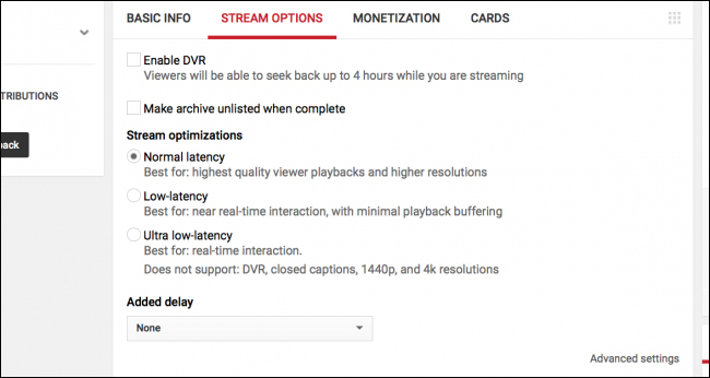 Thiết lập các cài đặt trong Stream Options 