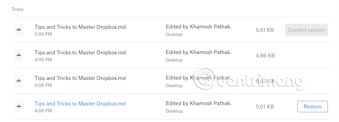 Trở về phiên bản trước của file