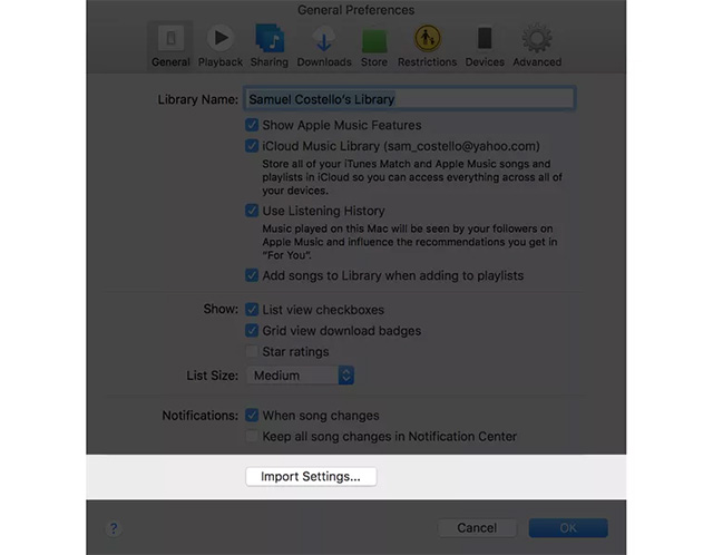 Mở mục Preferences và đi đến phần Import Settings